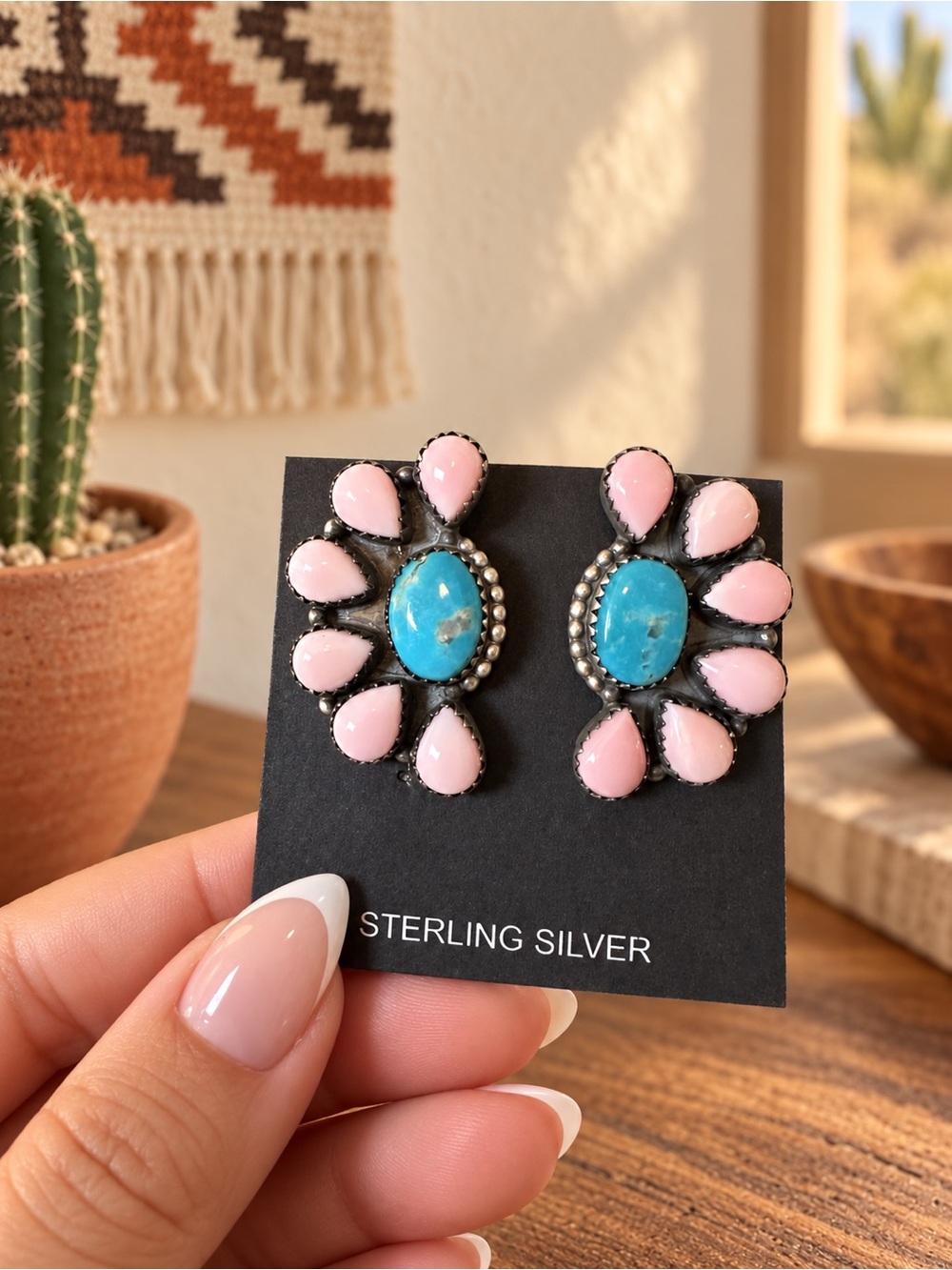 Sterling Silver Pink Conch & Turquoise Teardrop Half Cluster Earrings 💕